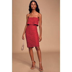 Lulus Let's Go Out Tonight Wine Red Lace Strapless Bodycon Midi Dress - Size M